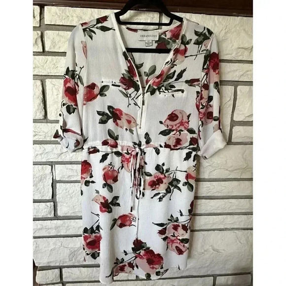 Urbanology Dress Womens Size Small 3/4 Sleeve White Floral V- Neck Zipper Classy - Picture 1 of 6